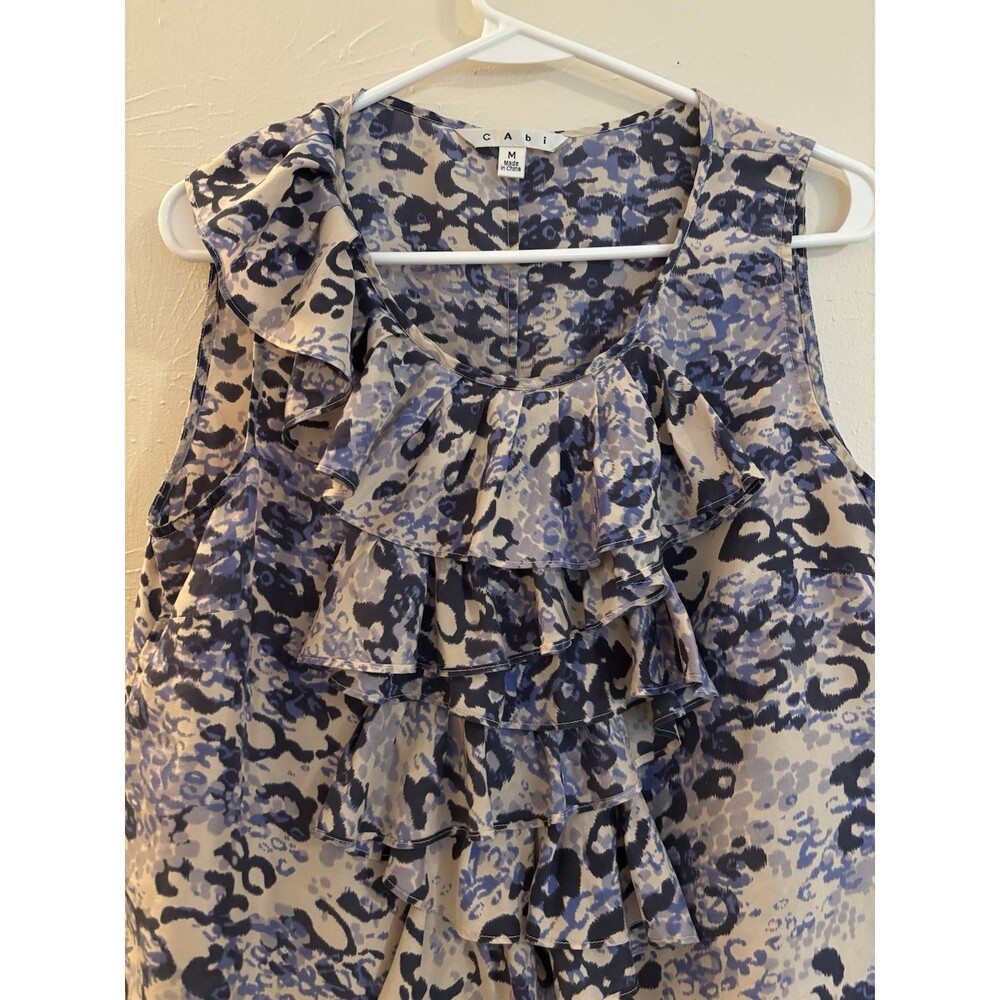 CAbi Blue Tank Medium Silk Women's Blouse Layer Cascading Ruffle Office Business - Picture 3 of 5